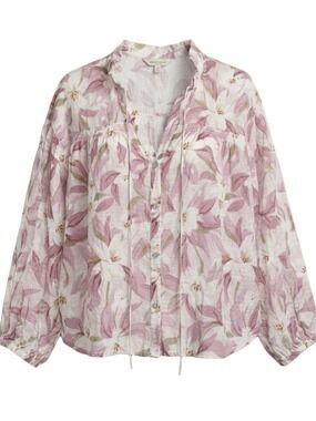 Color Block Floral Blouse Medium | Pink White Tencel Tie Neck Button Front